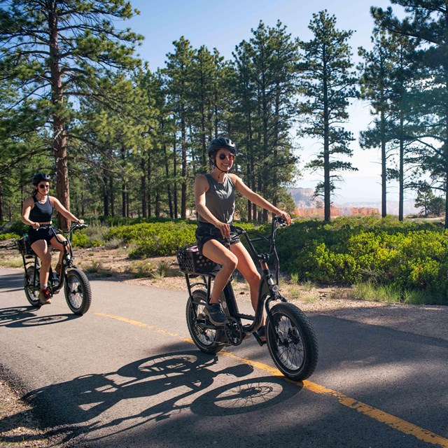 Two park visitors ride bicycles along paved bike path through forest past orientation sign. 
