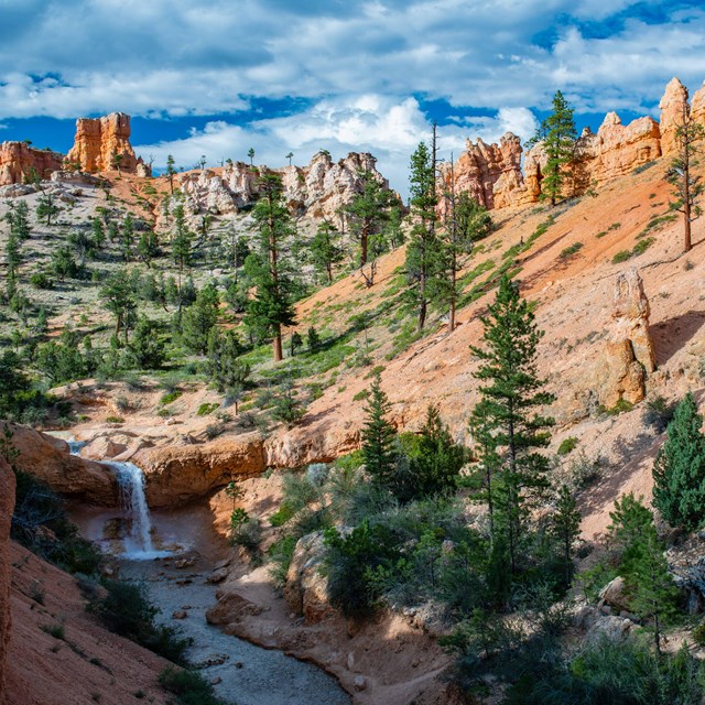 A waterfall cascades into a creek surround by red rocks.
