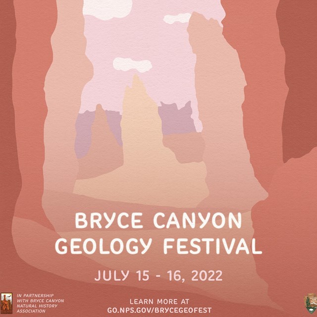 Poster showing tall red rock cliffs beneath pink cloudy sky. Text reads Bryce Canyon Geology Fest