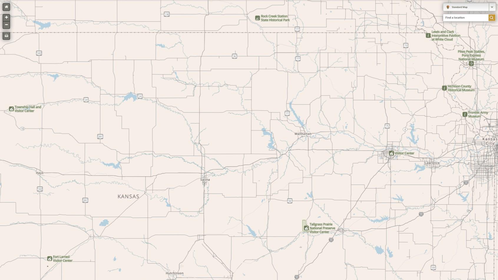 Map of National Park sites in Kansas.