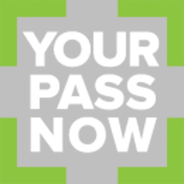 the words Your Pass Now surrounded by a lime green box over gray background