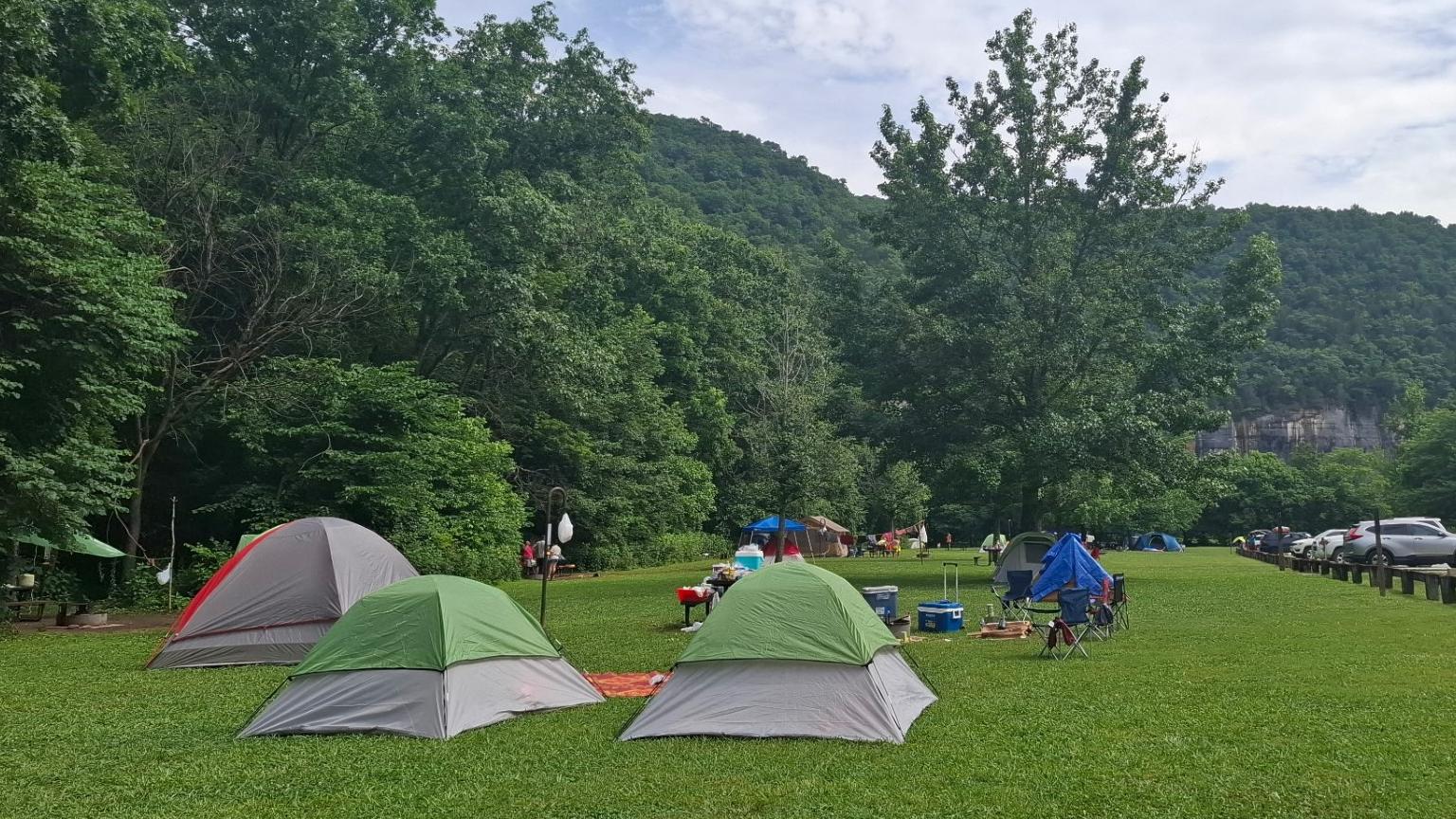 A group of six campers sit in chairs surrounding a fire pit with trees and grass behind them.