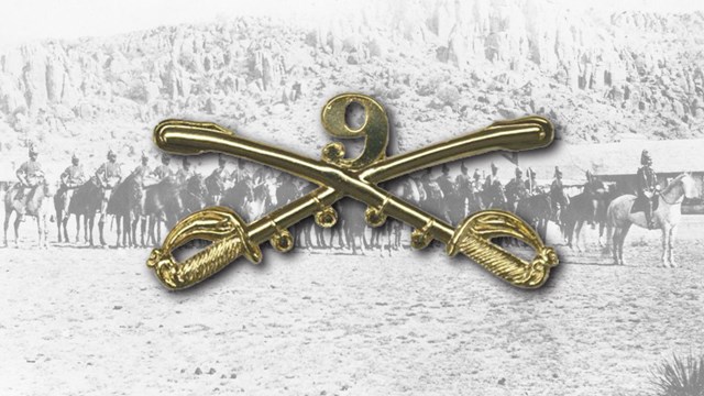 The 9th cavalry pin over top of a photo of mounted soldiers