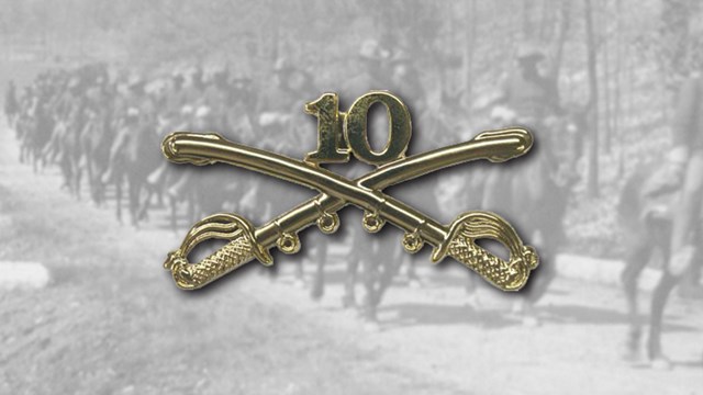 The 10th cavalry pin over top of a photo of mounted soldier