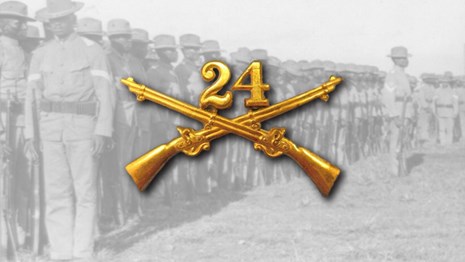 The 24th cavalry pin over top of a photo of soldiers in formation