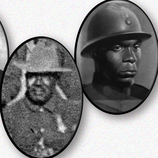 Three portraits of soldiers wearing hats