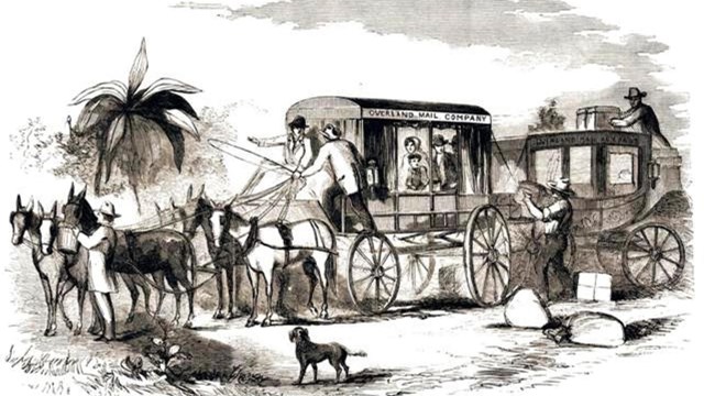 A black and white illustration of a stagecoach getting pulled by horses.