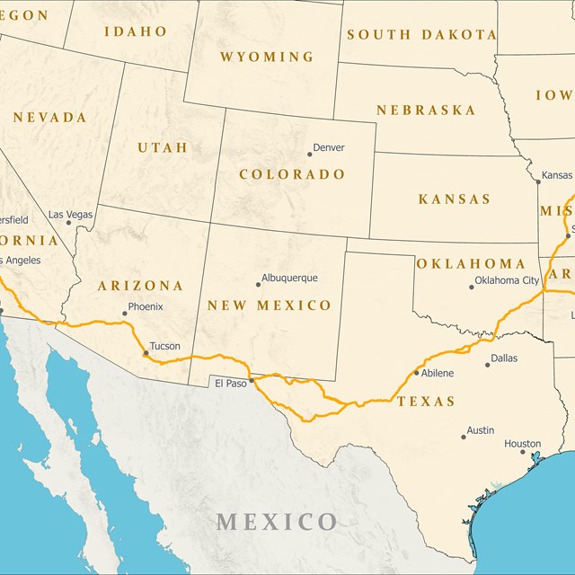 A map of the United States depicting a trail from the Mississippi River area, to the west coast.