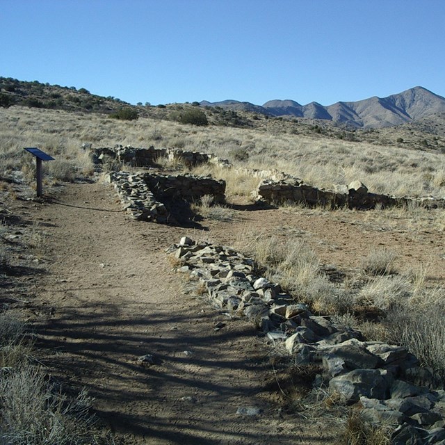 A path lined with rocks in the desert.