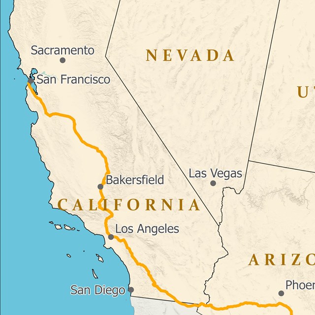 A map of California with a trail traveling south to north.