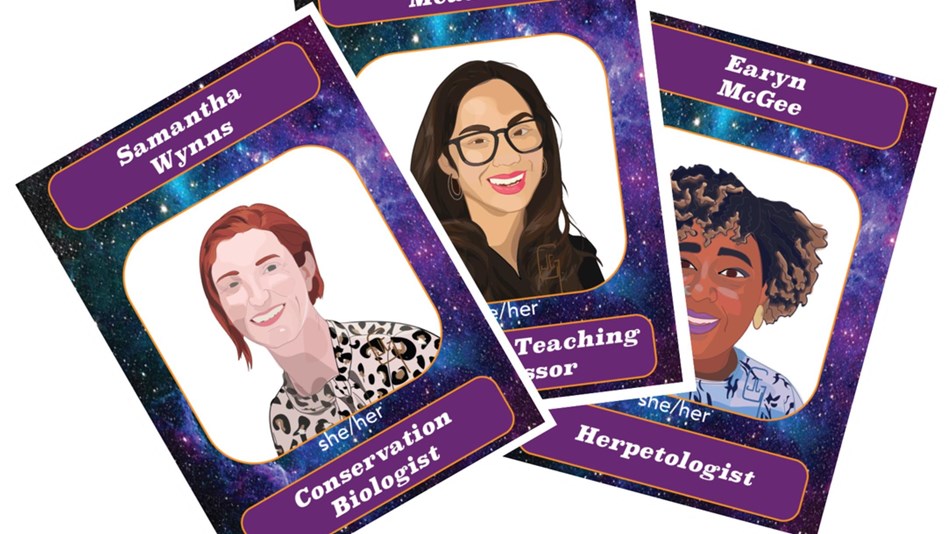 Three trading cards with women scientists
