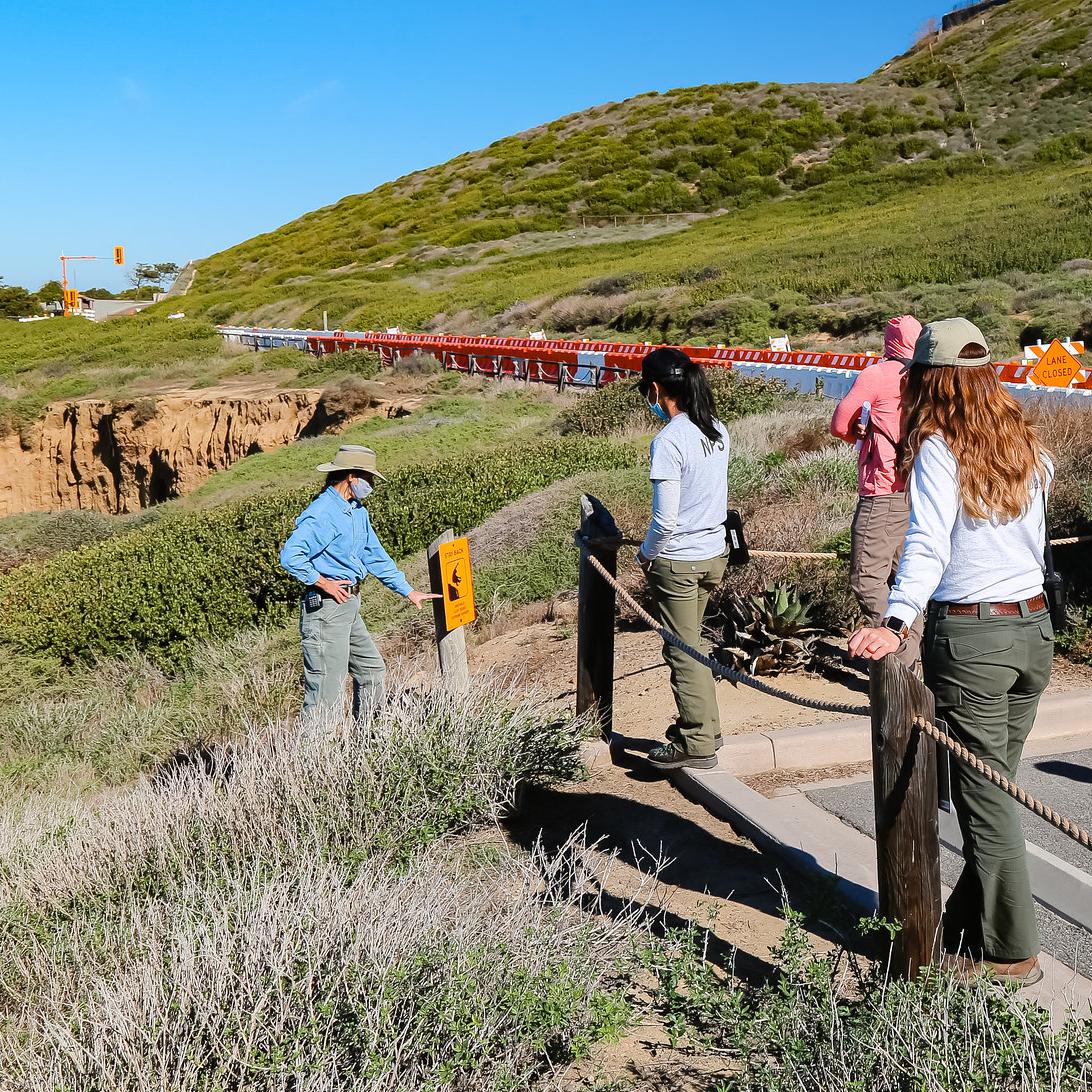 Rangers and scientists standing outdoors holding a team meeting surrounded by green plants