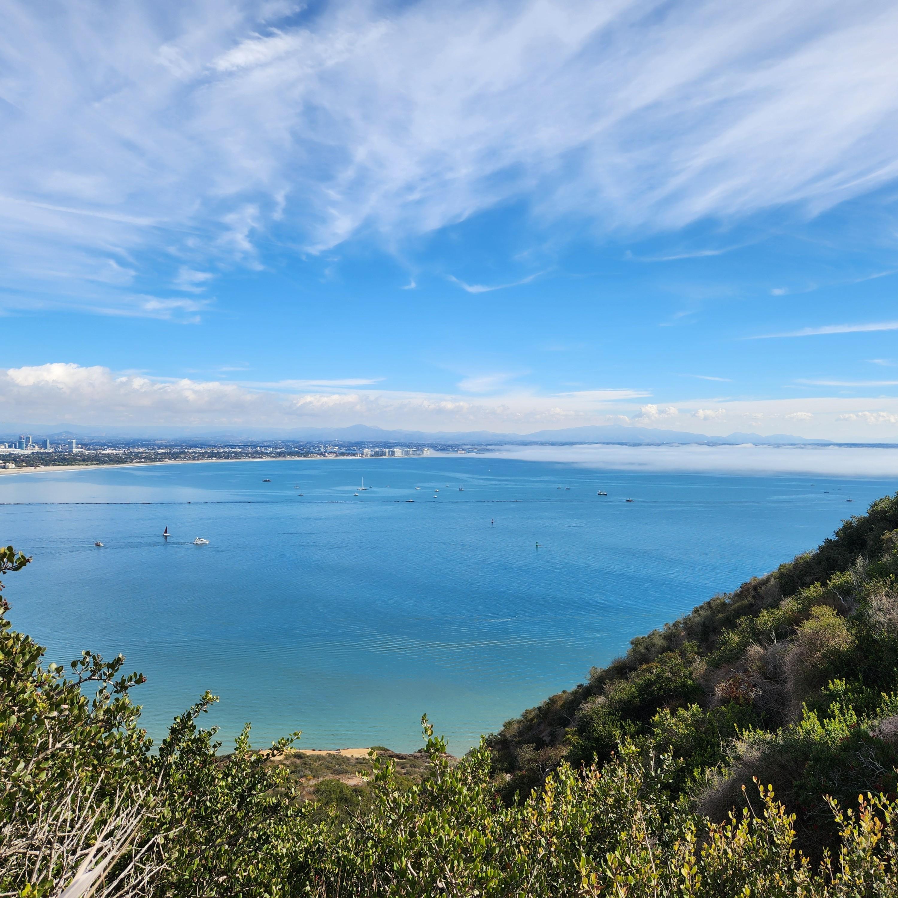 A sweeping view of the San Diego Bay, city skyscrapers, mountains, and blue wispy sky