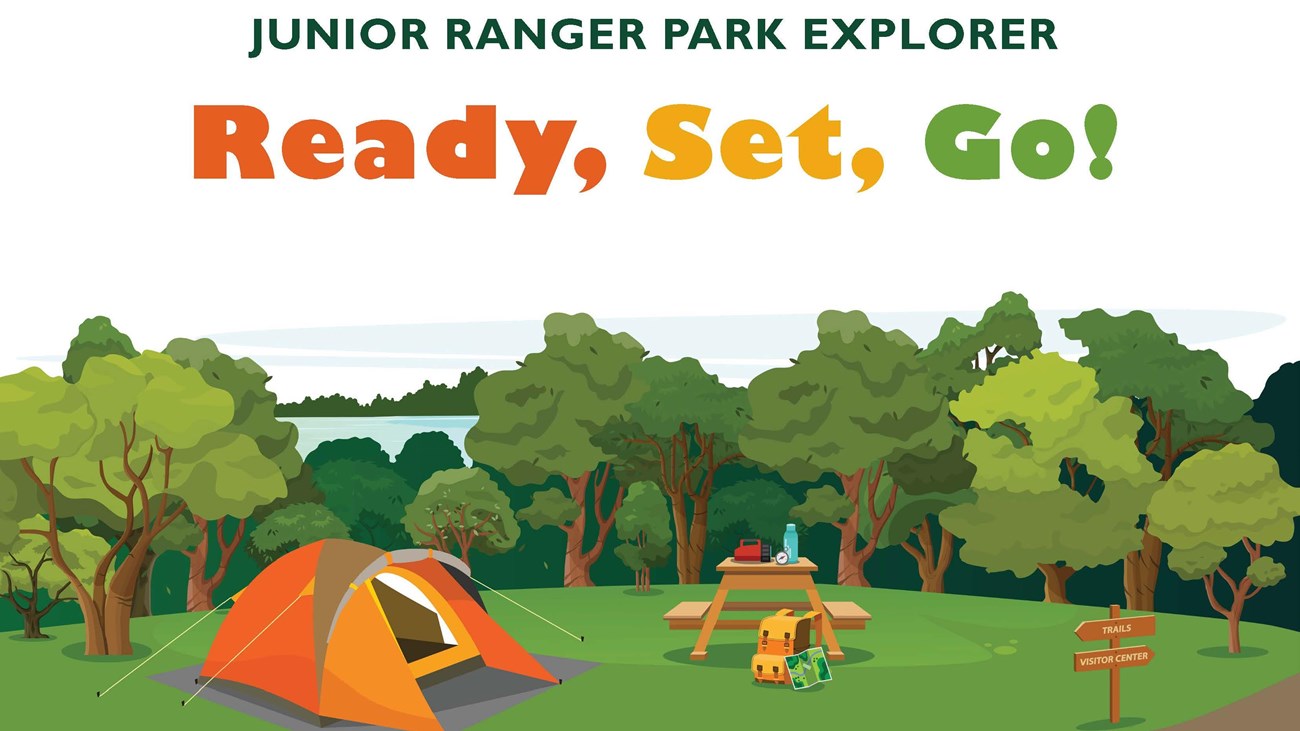 Graphic of tent at a campground with trees, Junior Ranger title at top.