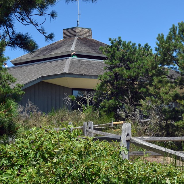 A round structure with a shingle roof sits at the top of a wooded hill.