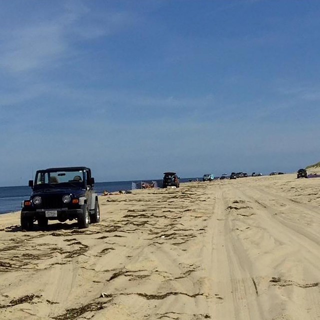 A black Jeep sits on a beach with people in swimsuits enjoying the sun.