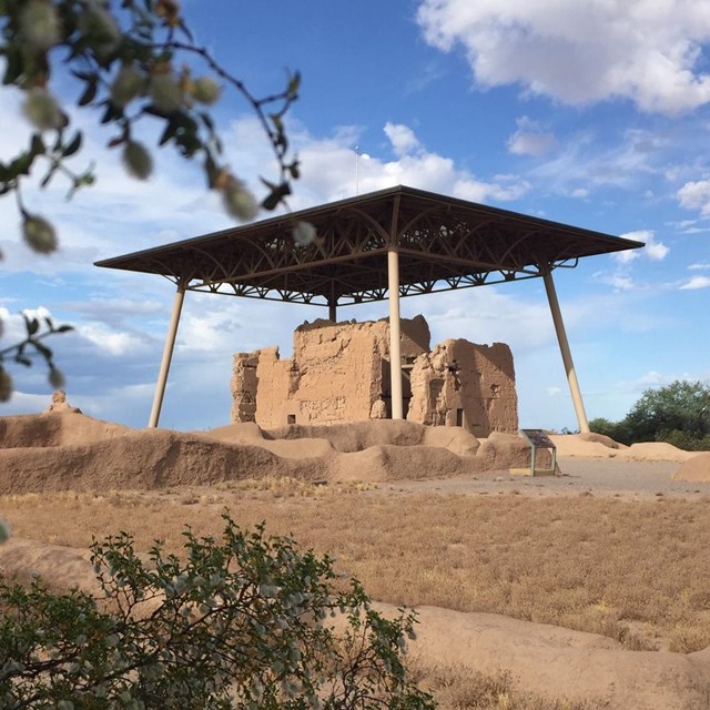 The Great House next to a creosote bush. 