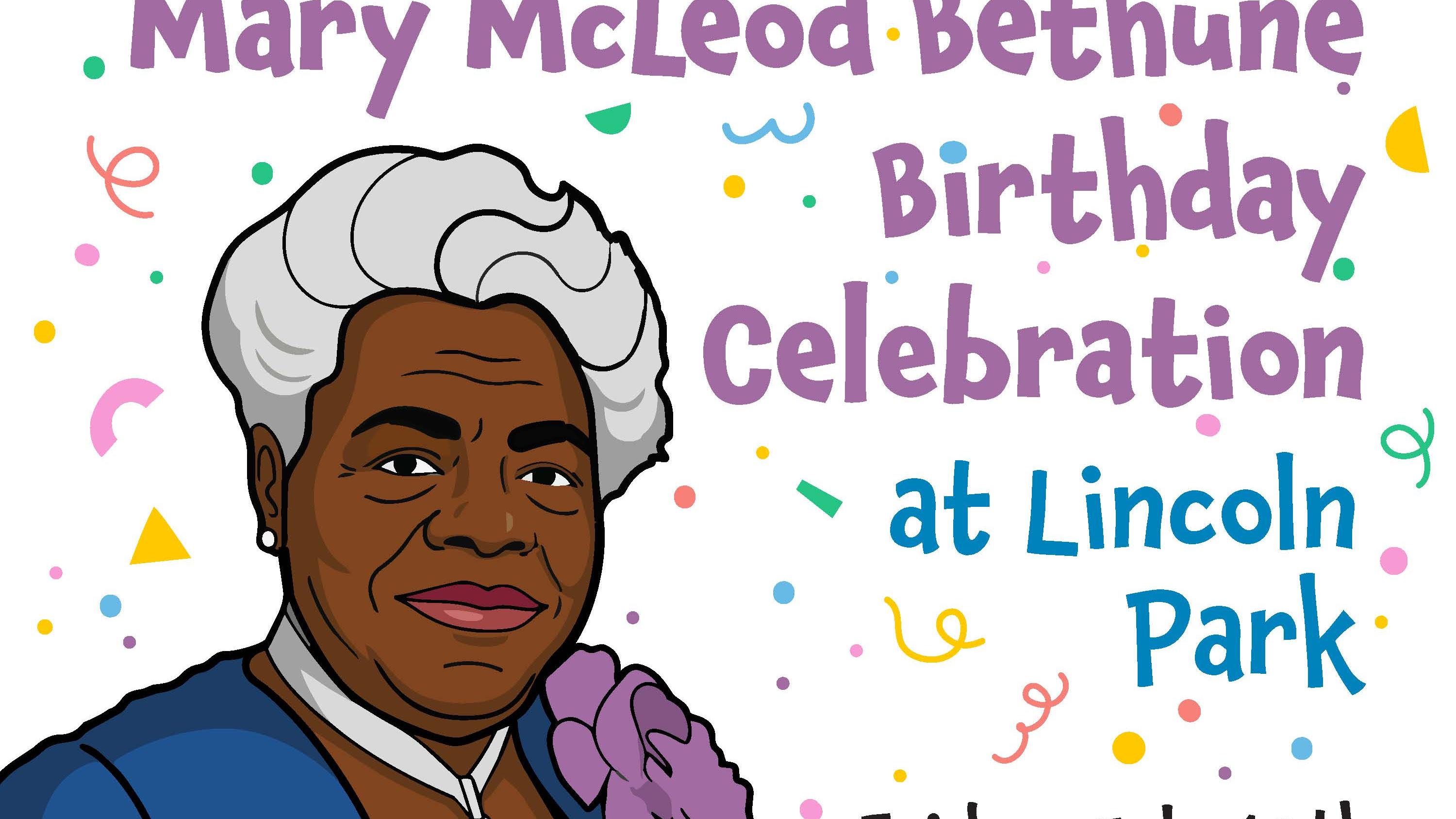 Drawing of an older woman wearing a necklace and flower with colorful words and shapes in background