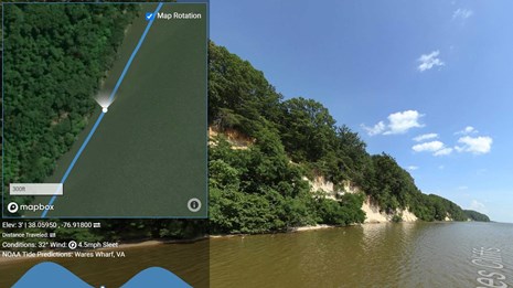 A computer screen viewing the virtual tour with a view of a river and map. 