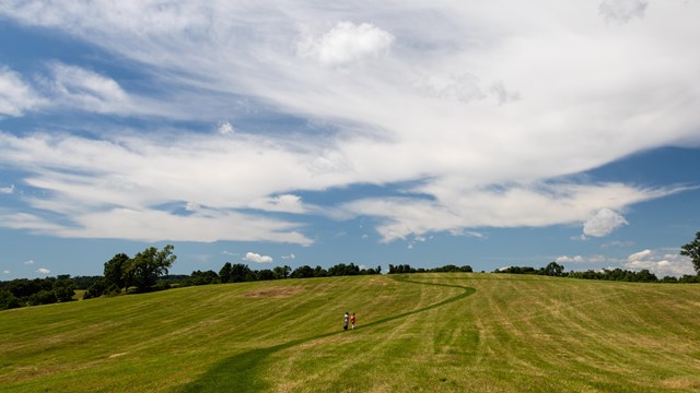 A grassy field with a long winding trail and blue sky. 