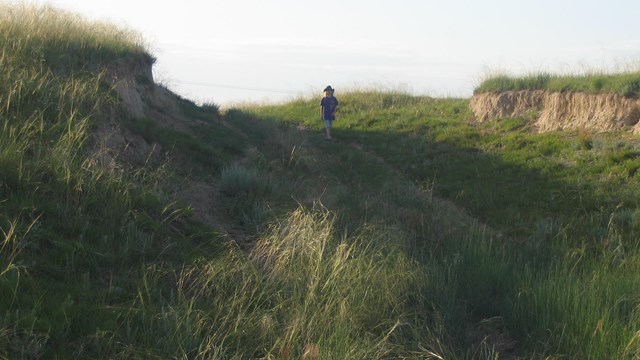 A person walks up a hill through a grassy swale.