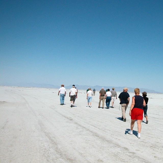 A group of people walk on a large salt flat.