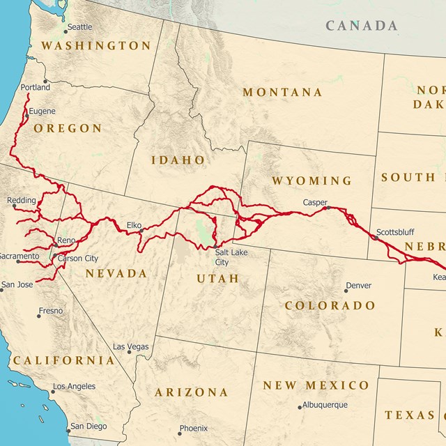 A map depicting a trail from Missouri west to California.