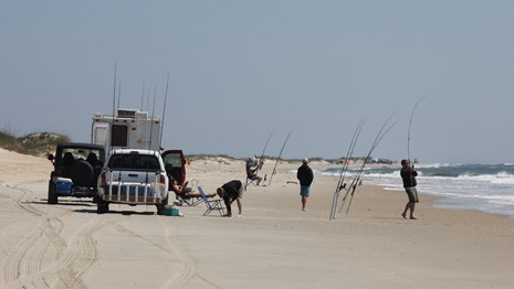 Surf fishermen with their vehicles.