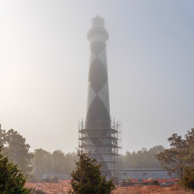 Cape Lookout Lighthouse in the fog. 