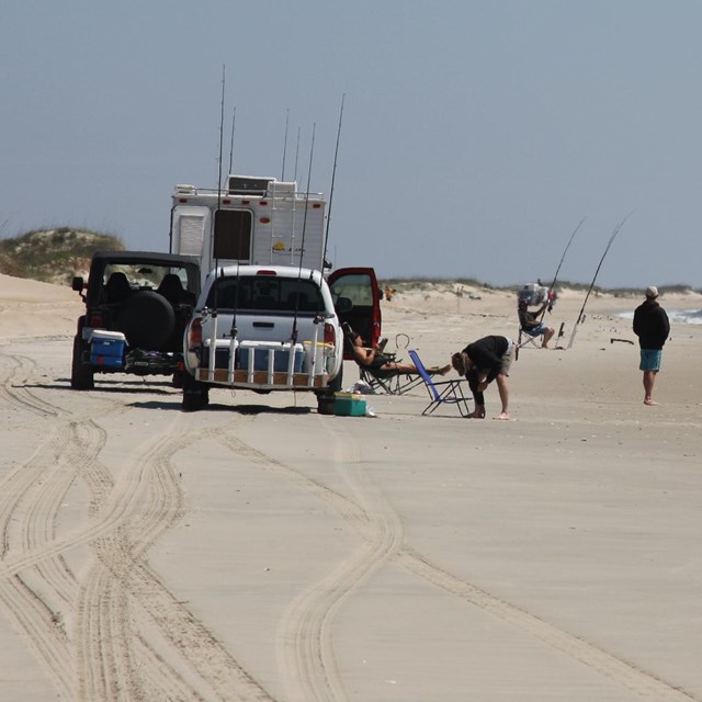 Surf fishermen with their vehicles.