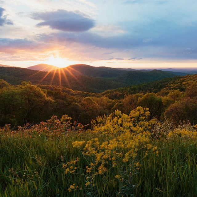 a mountain vista with a rising sun and purple sky 