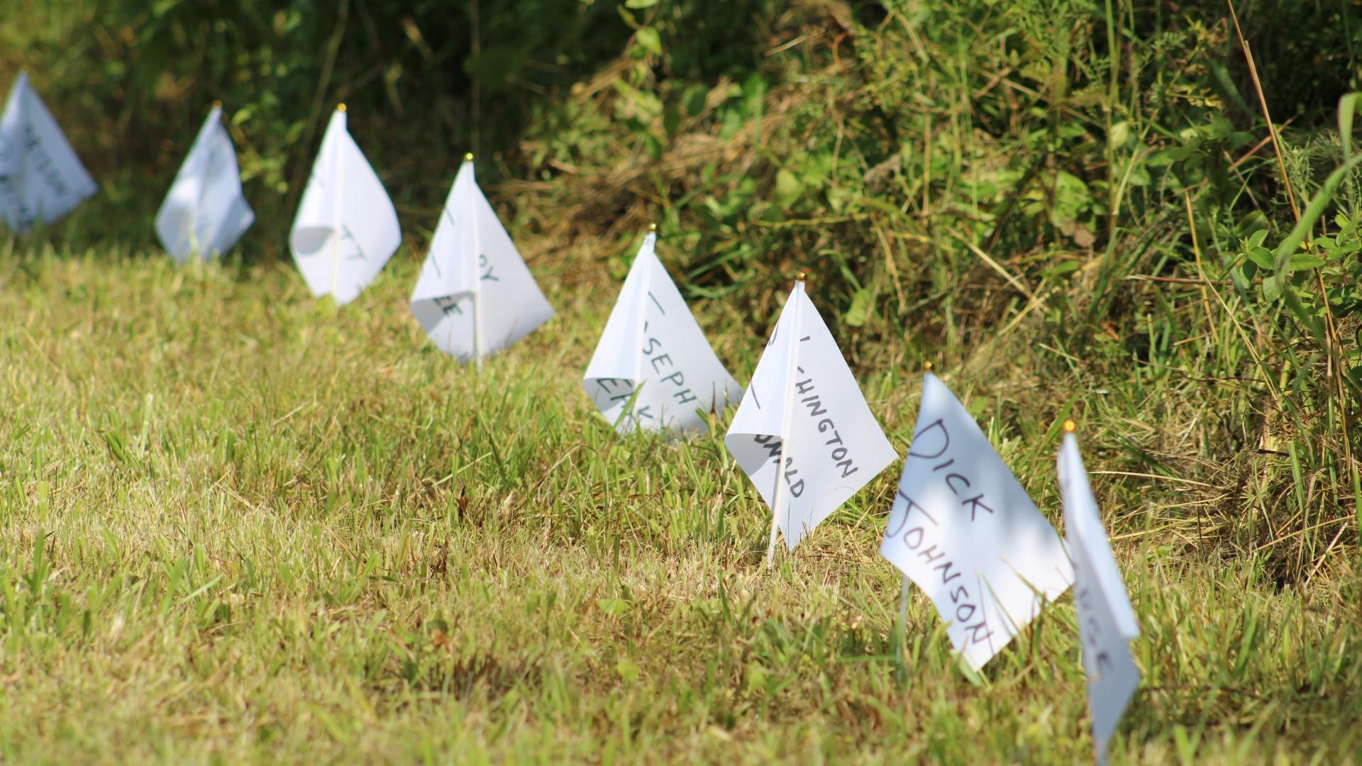 A row of small flags with names