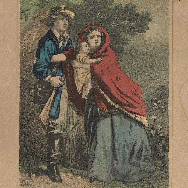 Civil War print of refugee man, woman, and child in wilderness.