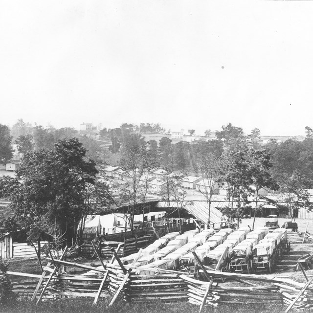 Massed ambulances and fence in front with wooden buildings in trees in background during Civil War.