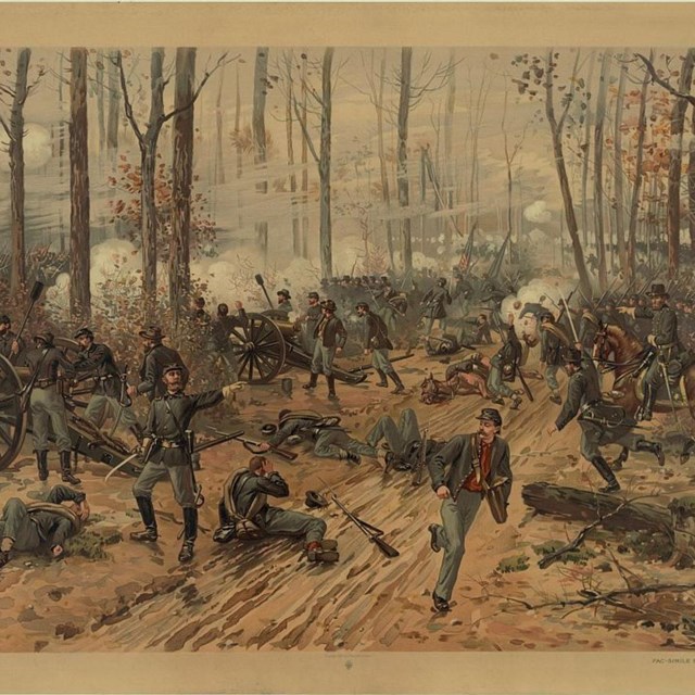 1888 canvas painting of US soldiers fighting in the Battle of Shiloh.