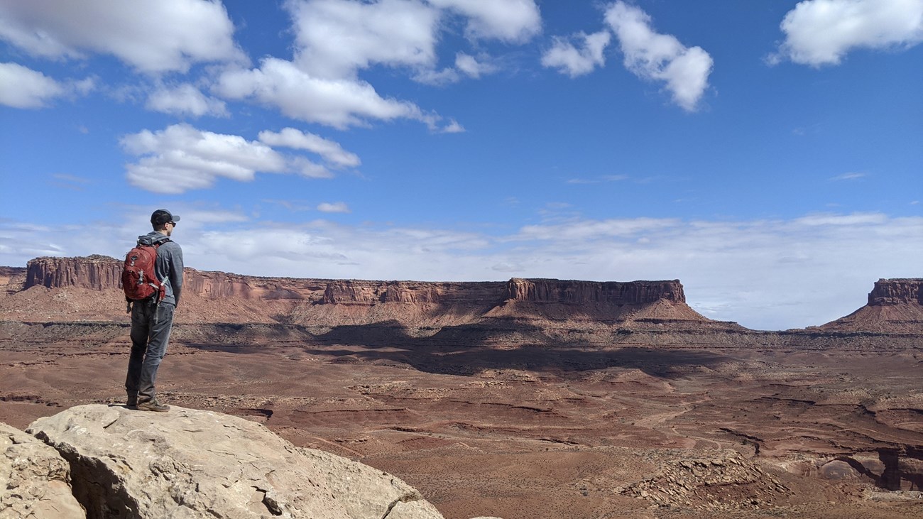 A hiker standing on a large rock looks out into a canyon.