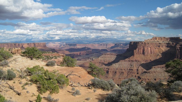 A view overlooking canyons, with snowcapped mountains in the background.