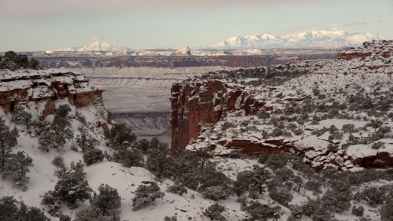 a canyon view with snow on the ground. Mountains rise in the distance.
