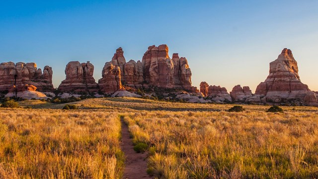 Multicolored orange and red spires stand on the horizon, behind a trail through a grassy field.