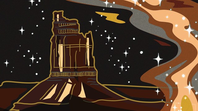 Multi-colored poster featuring the milky way and Candlestick spire