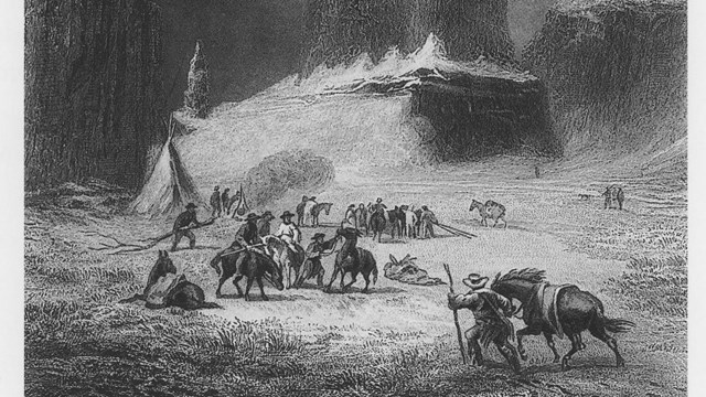 Black and white engraving of men, animals, and two large rock pillars.