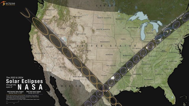 A map of the US with the paths of the upcoming eclipses in 2023 and 2024