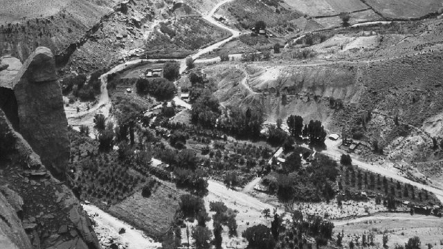 Black and white photo of canyon with orchards, cliffs, and a river. 