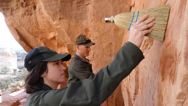 Park staff removing graffiti with water and brushes