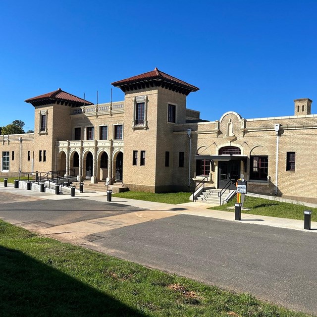 The exterior of the Texas and Pacific Railway Depot.