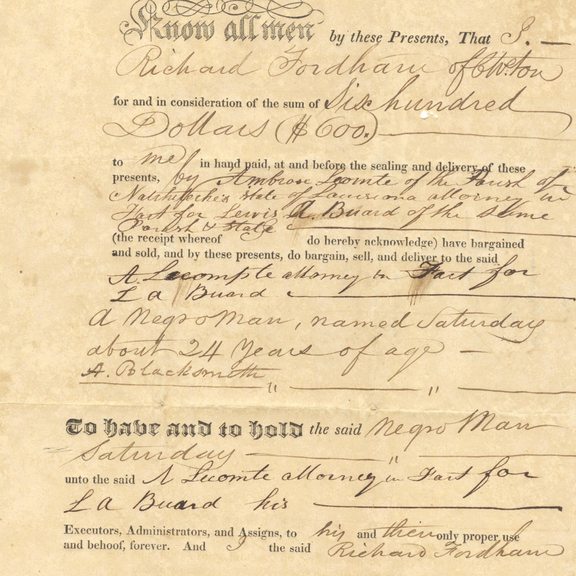 1833 Bill of Sale for Saturday, an enslaved blacksmith at Magnolia Plantation.
