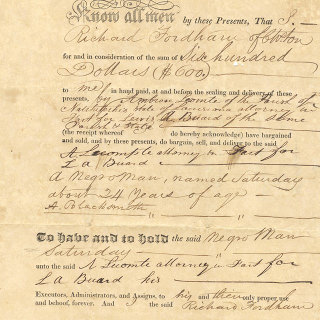 1833 Bill of Sale for Saturday, an enslaved blacksmith at Magnolia Plantation.