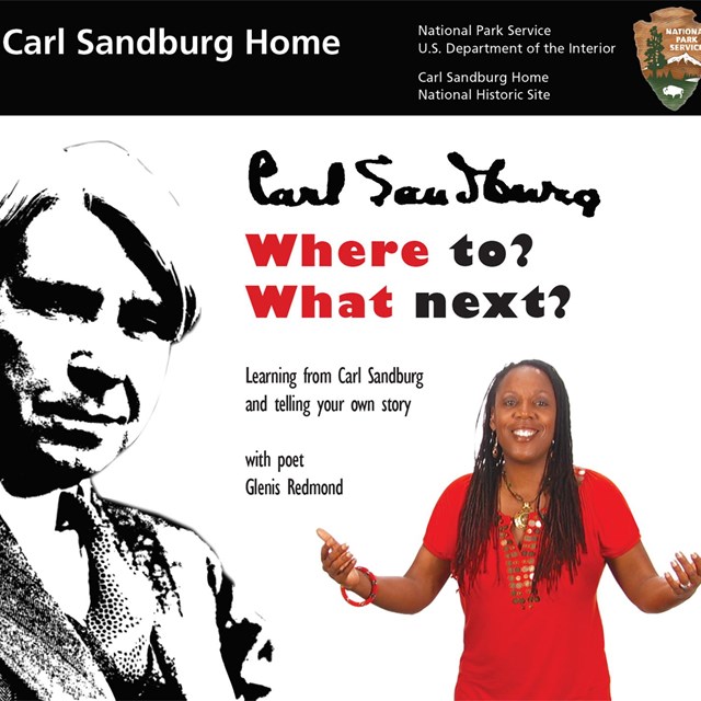 Black and white sketch of Carl Sandburg and an image of poet Glenis Redmond with words