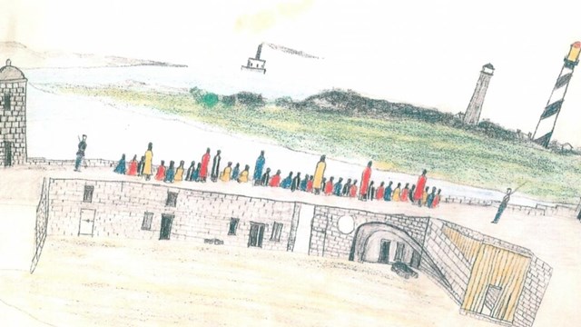historic colored pencil drawing of a view from the Castillo's gundeck