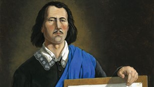 Drawing of Ignacio Daza holing up a plan for the Castillo de San Marcos